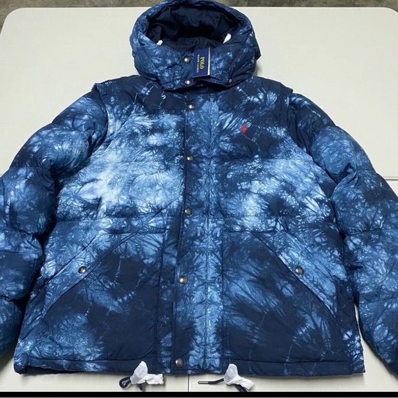 🆕Polo Ralph Lauren Boulder Puffer Jacket removable hood/sleeve Navy Tie-Dye M - Picture 8 of 14